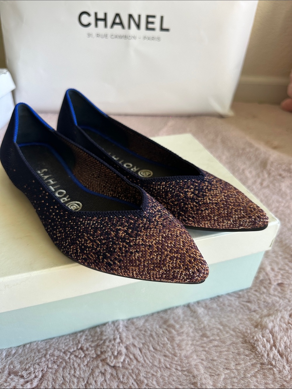Rothy's Pointed Knit Flats in Bronze and Black